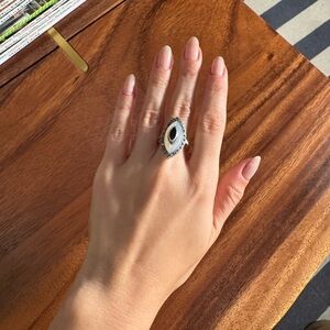 Vintage Sterling Silver Marquise Ring • Onyx, MOP & Marcasite • Size 7 1/2